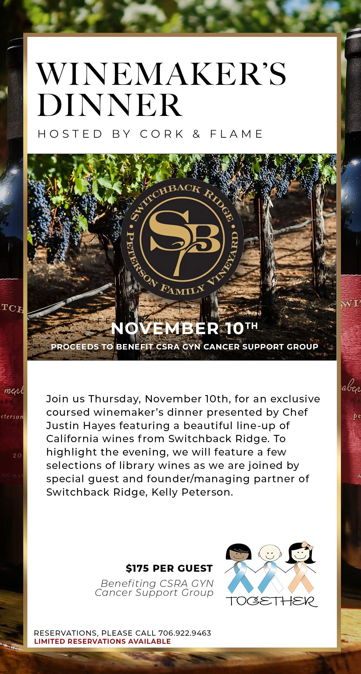 Poster for Switchback Ridge winemaker's dinner. All proceeds for this event will benefit the CSRA GYN Cancer Support Group.