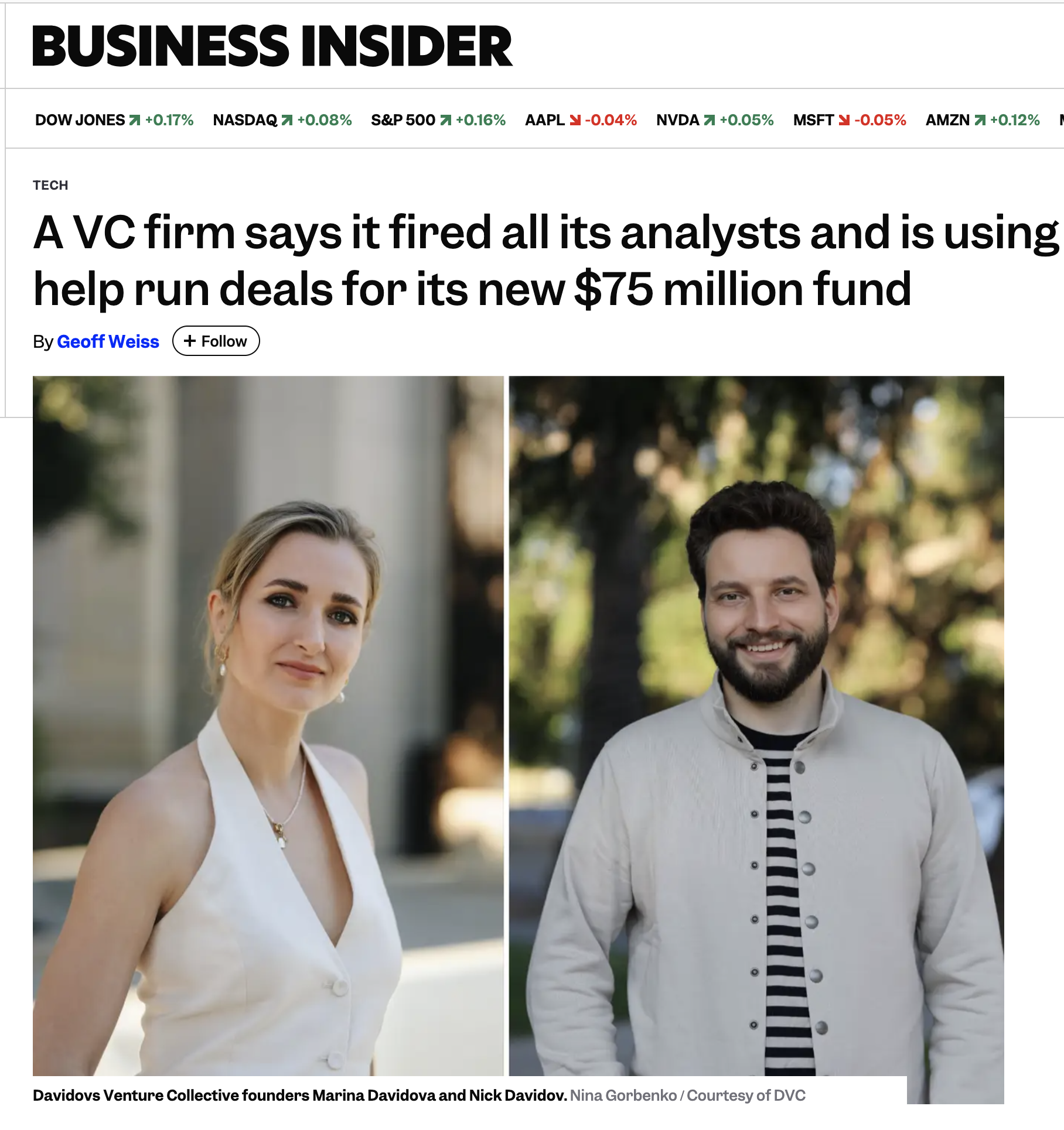 A side-by-side comparison of two headshot portraits of Davidov Venture Collective founders Marina Davidova and Nick Davidov. Marina is a woman with blonde hair, wearing earrings and a white sleeveless top, standing outdoors with a blurred background.
