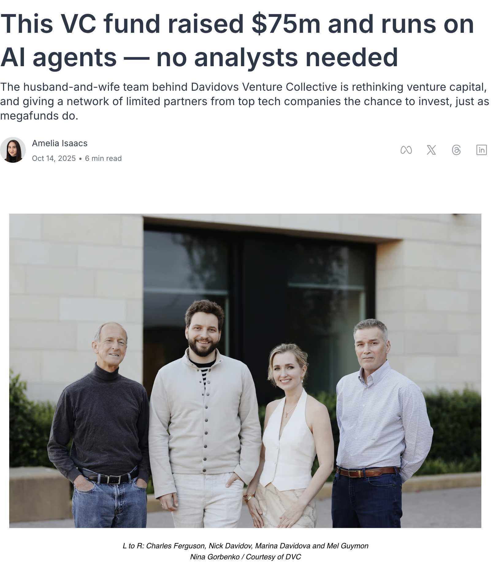 Four people standing outdoors in front of a building, smiling at the camera. The group includes Charles Ferguson, Nick Davidov, Marina Davidova, and Mel Guymon.