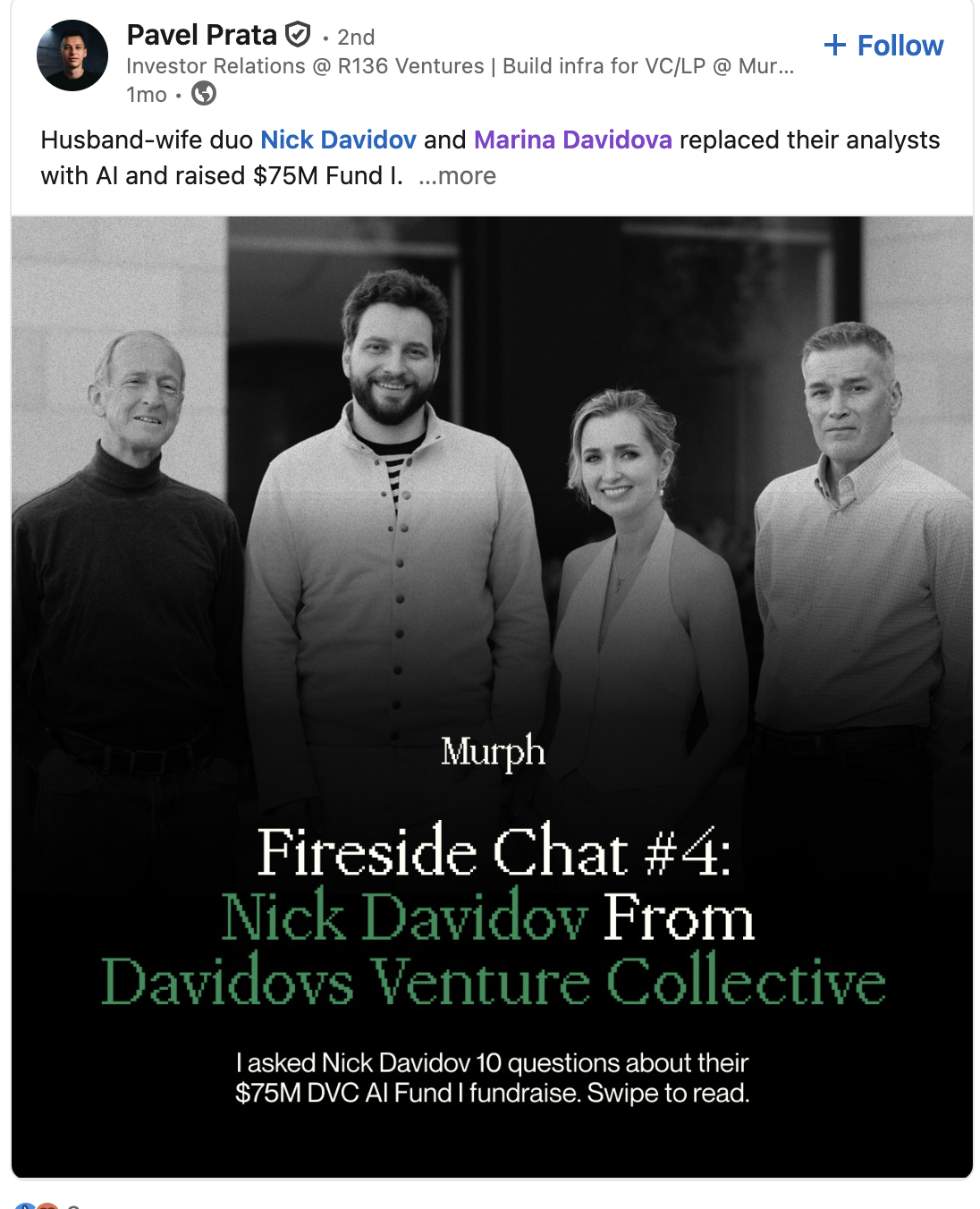 Black and white group photo of four people, three men and one woman, standing outside in front of a building, smiling at the camera, with text overlay promoting a fireside chat with Nick Davidov from Davidovs Venture Collective.
