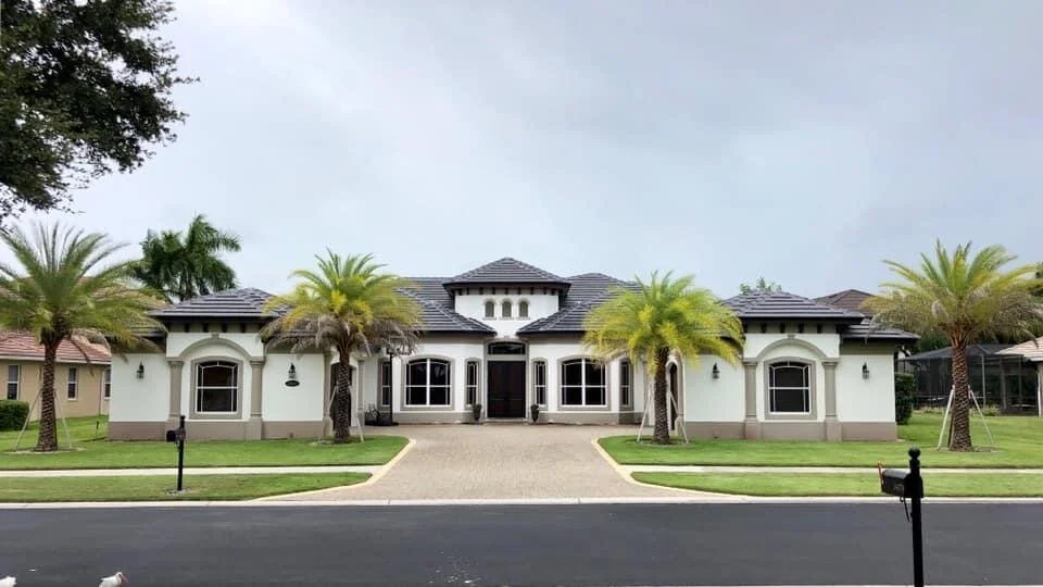 Front view of a large modern house with a paved driveway, palm trees, and a lawn, under an overcast sky.