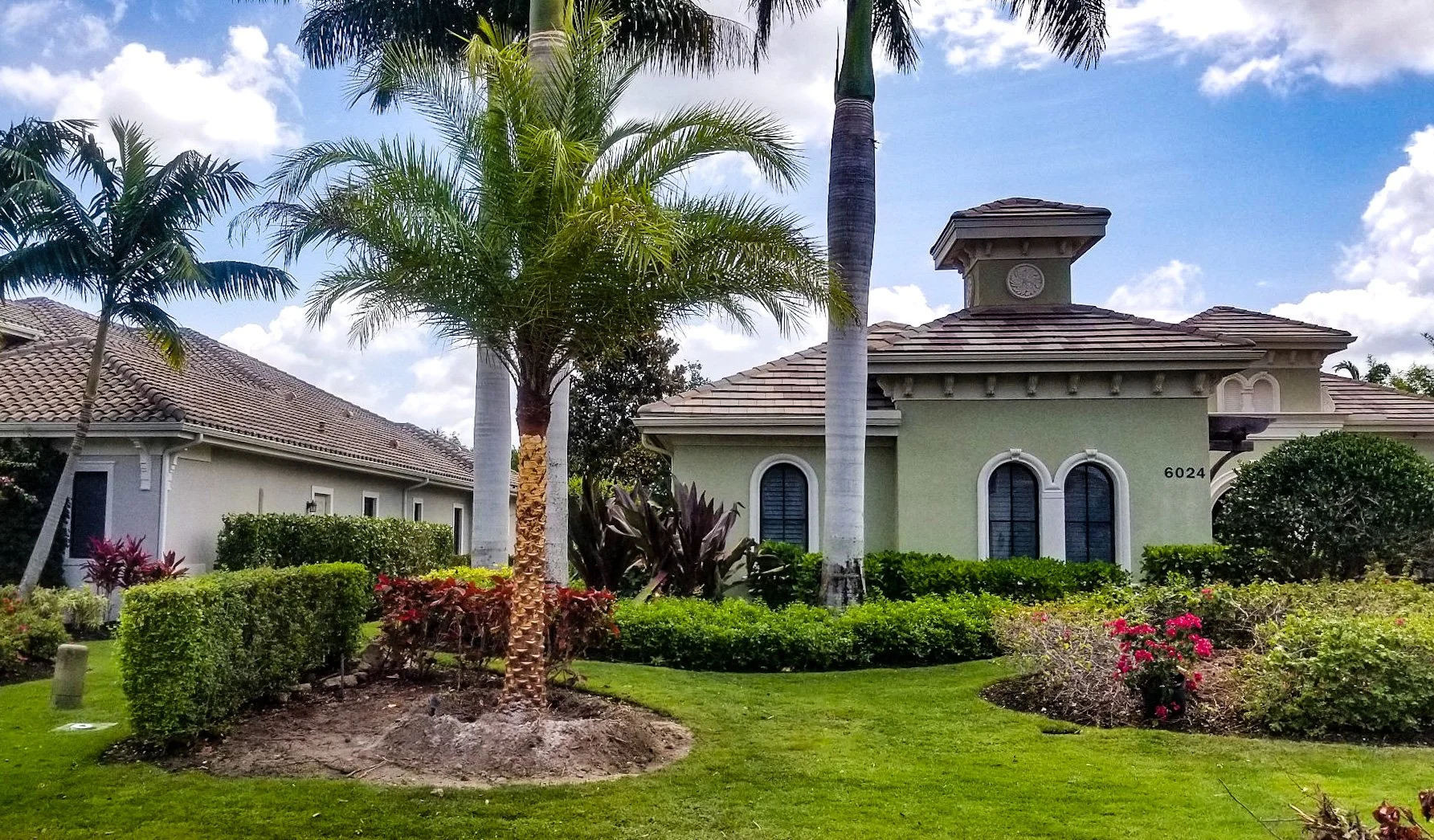 A suburban house with a tiled roof, green exterior, and arched windows, surrounded by a well-manicured lawn and tropical palm trees under a partly cloudy sky.