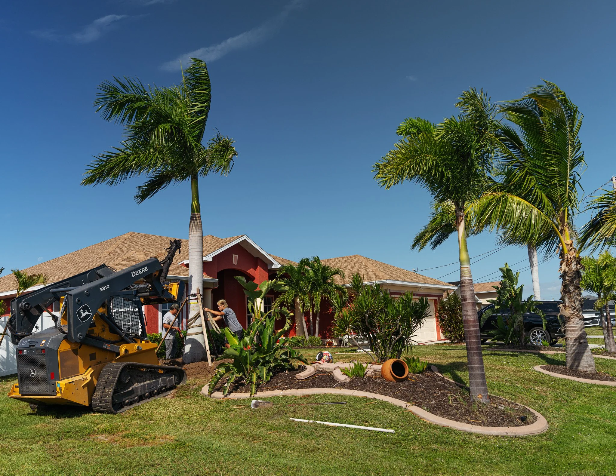 A home with a landscaped yard and tall palm trees, with workers and construction equipment, including a small bulldozer, installing or maintaining plants and trees.