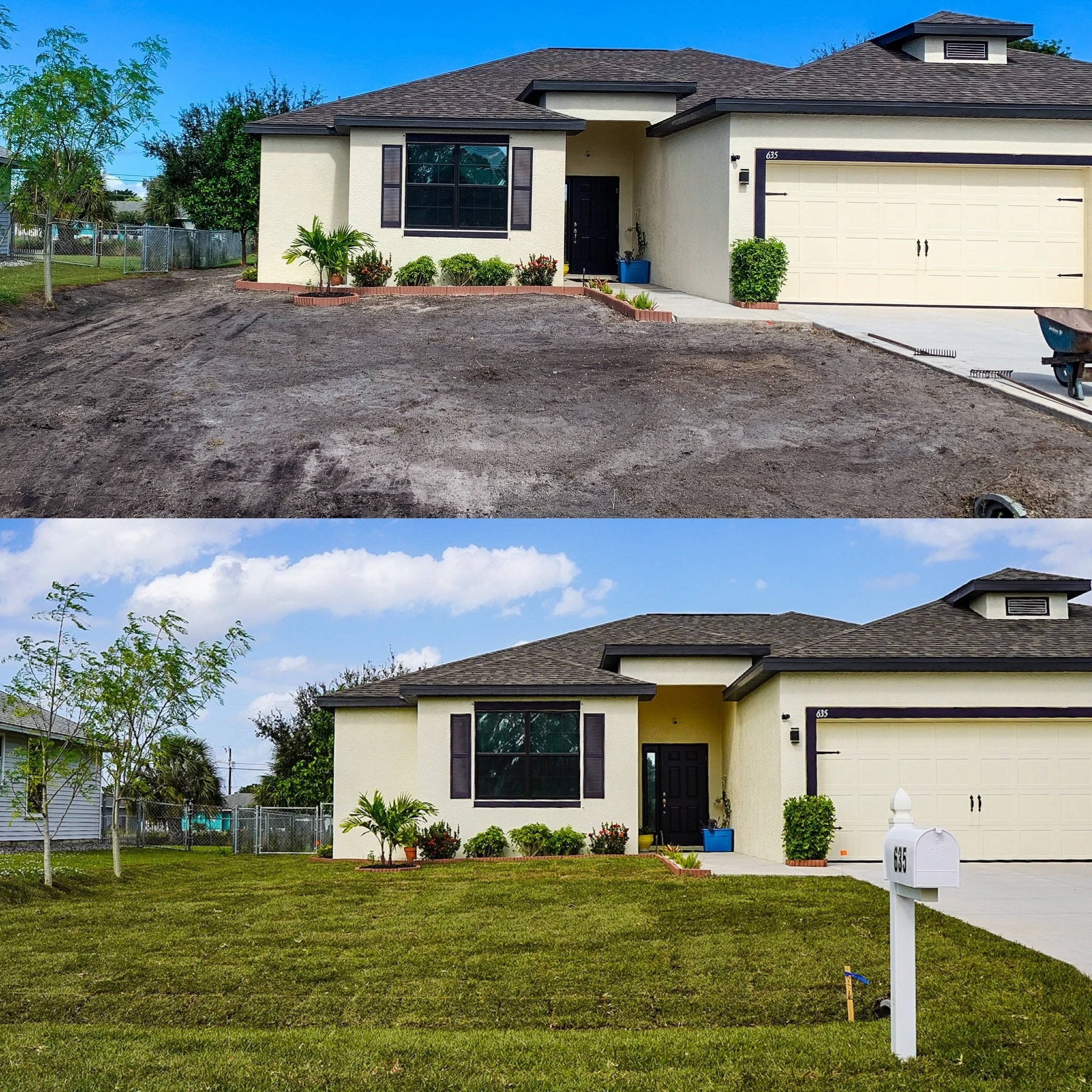 Comparison of front yard before and after landscaping; the top image shows a bare, dirt yard, while the bottom image shows a well-maintained, green lawn with trees, plants, and a mailbox.