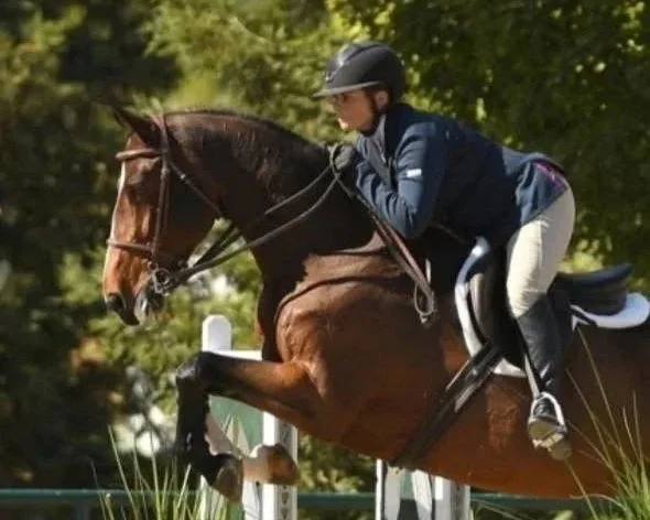 A female equestrian wearing a helmet, navy jacket, and white riding pants riding a brown horse over a fence during a show jumping competition.