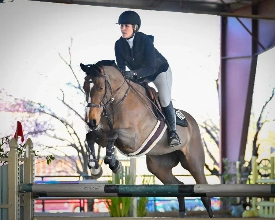 Woman dressed in riding gear and helmet riding a tan horse over a show jumping obstacle on a sunny day.