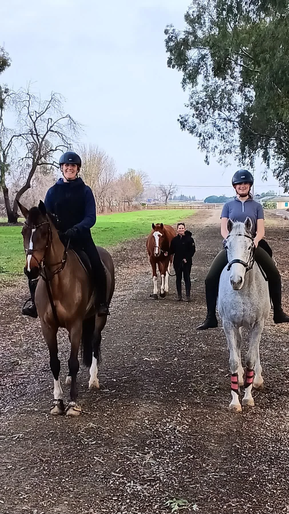 Two women riding horses outdoors with trees and a field in the background, while another person stands with a horse between them.
