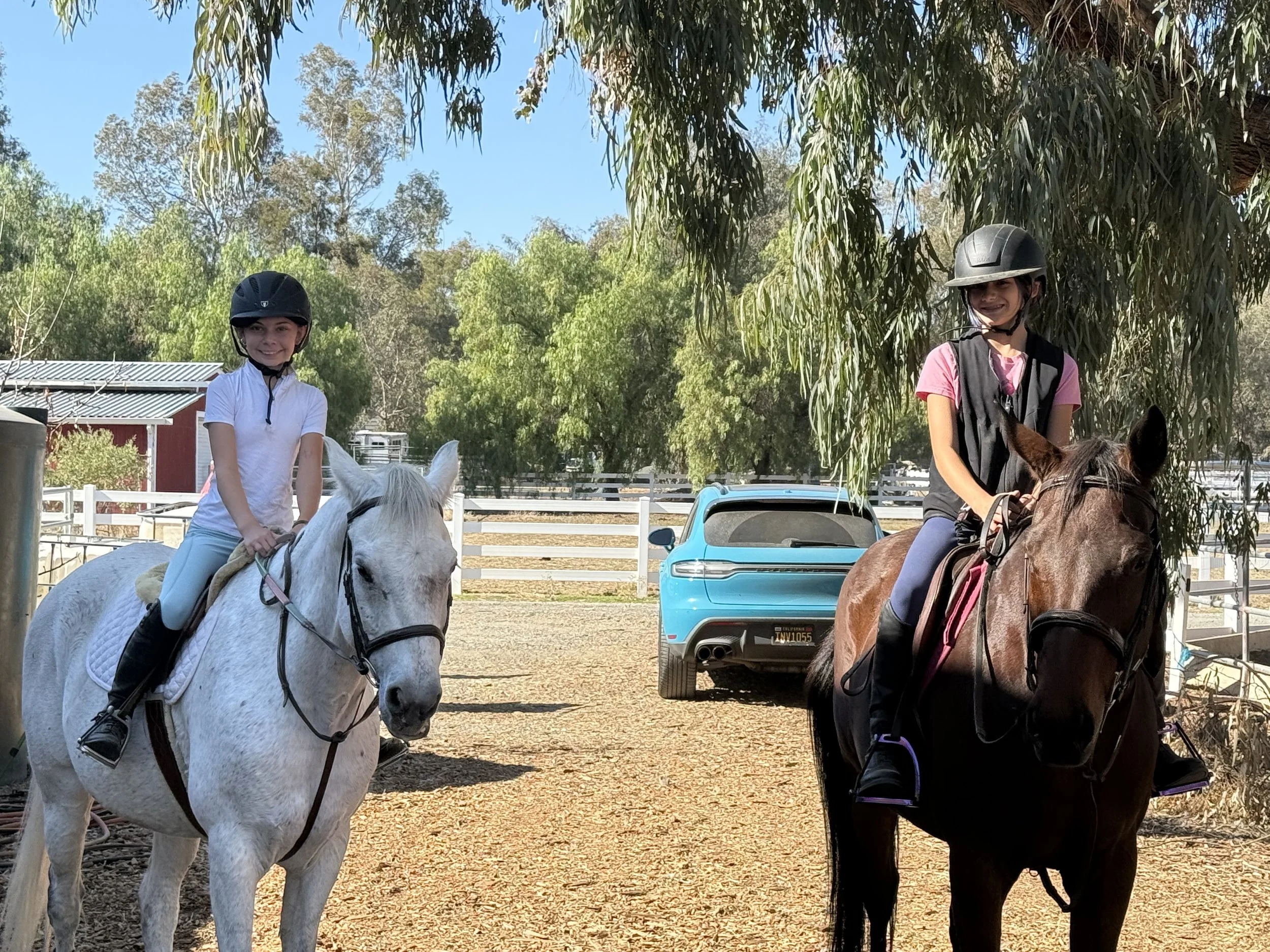 Two young girls riding horses with helmets on, in an outdoor riding arena surrounded by trees and a white fence. One girl is in a white shirt riding a white horse, and the other girl is in a pink shirt riding a brown horse.