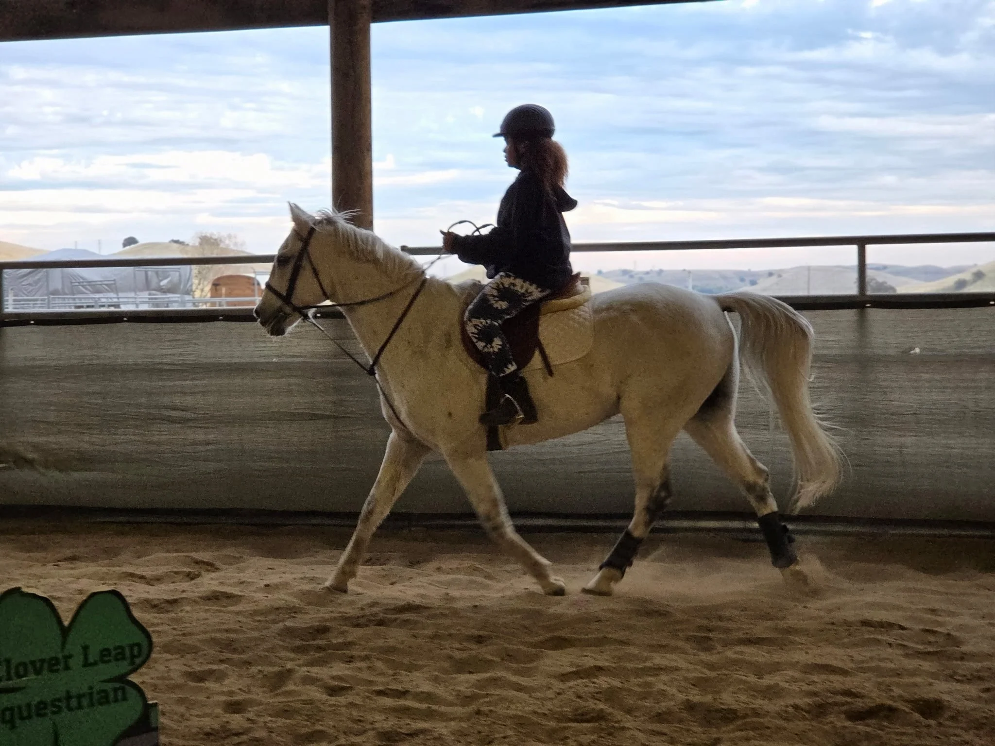 A person riding a white horse in an indoor riding arena, wearing a helmet and black clothing. The background shows a cloudy sky and a landscape with hills.
