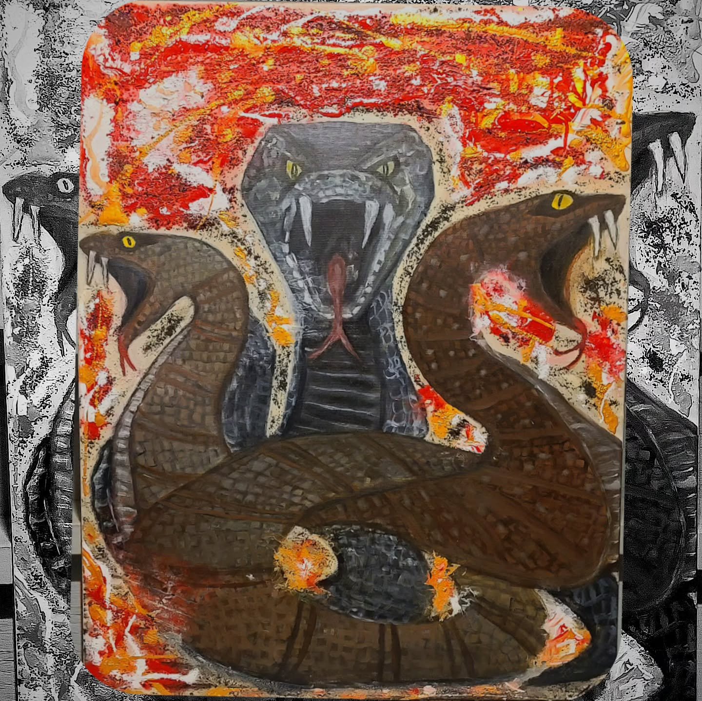 New painting..It's the year of the snake and painted a homage to the serpent itself. It hisses and slithers to places unknown. Powerful creature in the yearly zodiac. Known to be charismatic and wise. Snake eyez watchin you. Dripping with gold, lets 