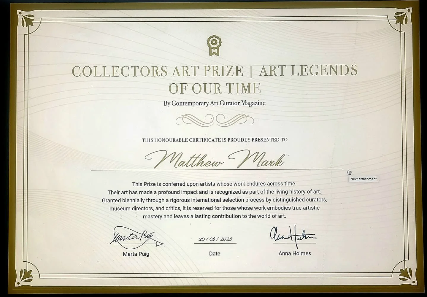 Received certificate, feeling honored. Thank you again Contemporary Art Curator Magazine for this opportunity. Winners will be revealed August 31st on the website and Instagram.  Online exhibition will soon follow in Sept and publication will be out 