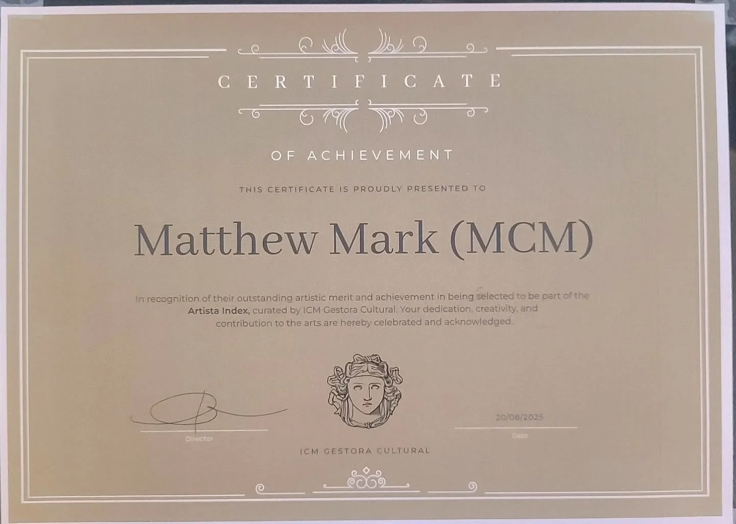 Awarded the Certificate of Achievement from art organization International Cultural Management. My work will be featured in their annual ARTISTA 2025 INDEX catalog book out now for fall 2025. Physical copies, 214 pages of art available on Amazon, Bar