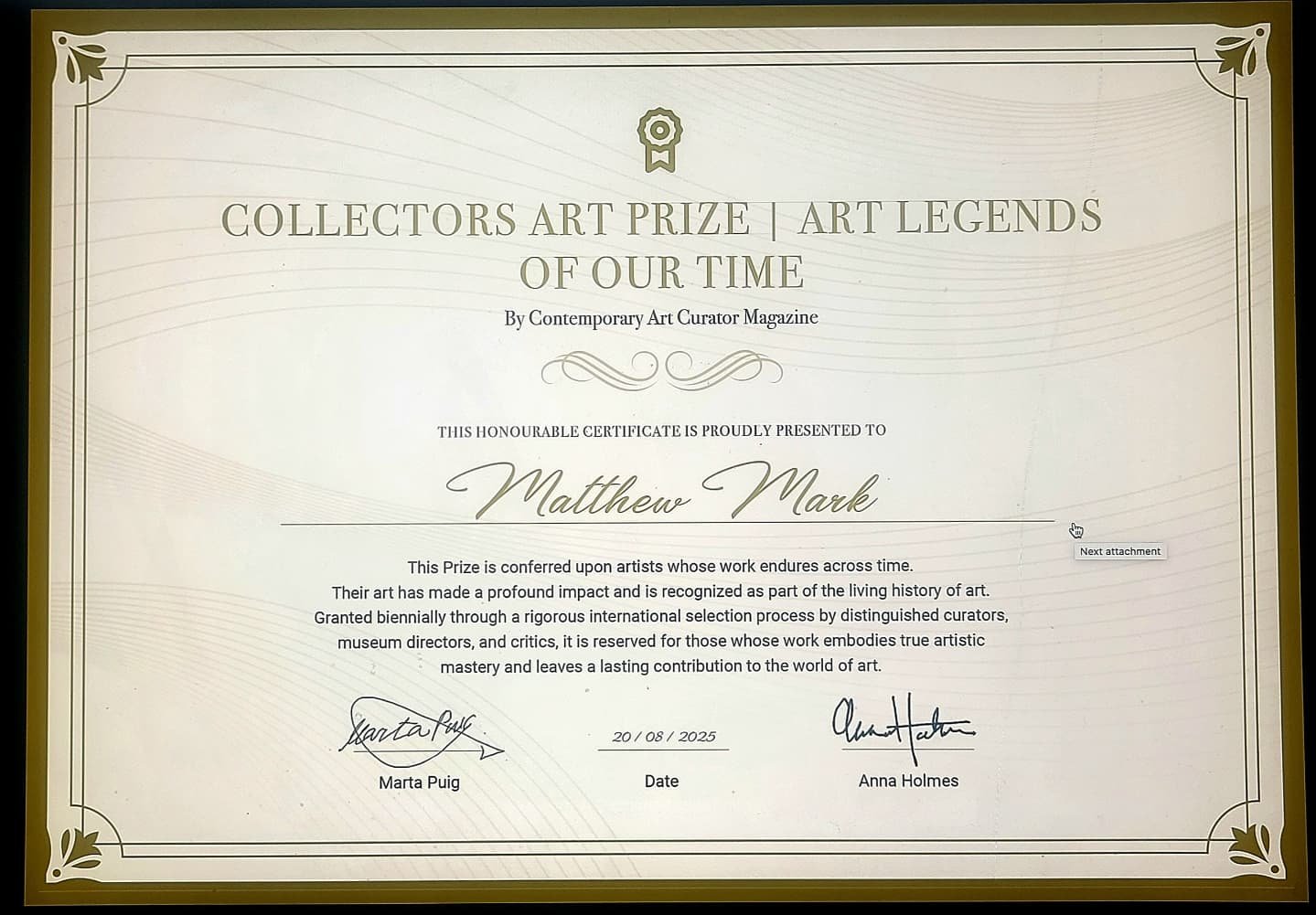 Received certificate, feeling honored. Thank you again Contemporary Art Curator Magazine for this opportunity. Winners will be revealed late august/early sept on the website and Instagram.  Online exhibition will soon follow in Sept and publication w