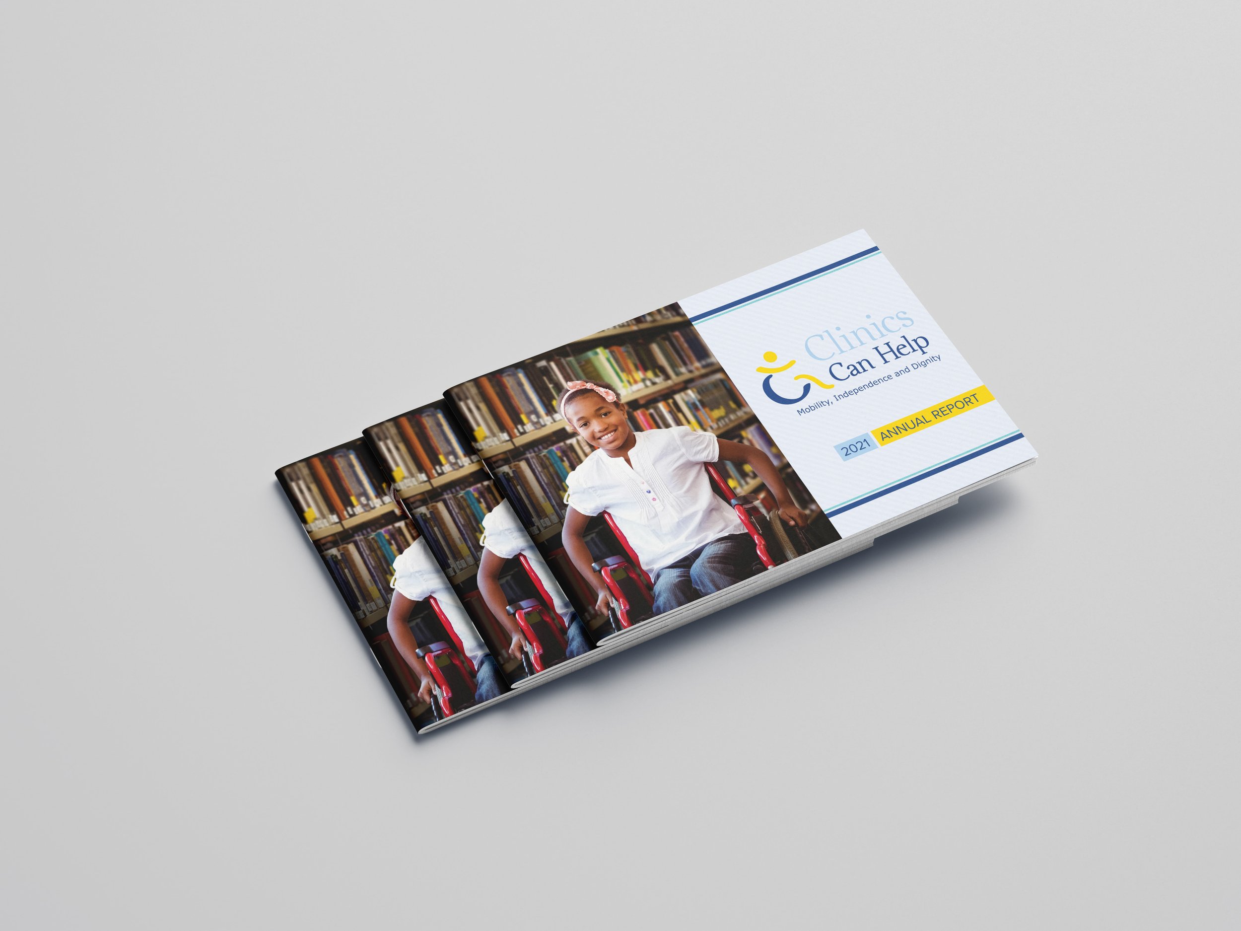 12 page Annual Report for Clinics Can Help. This booklet opens up in landscape mode and it measures 8.5" x 5.5" when closed