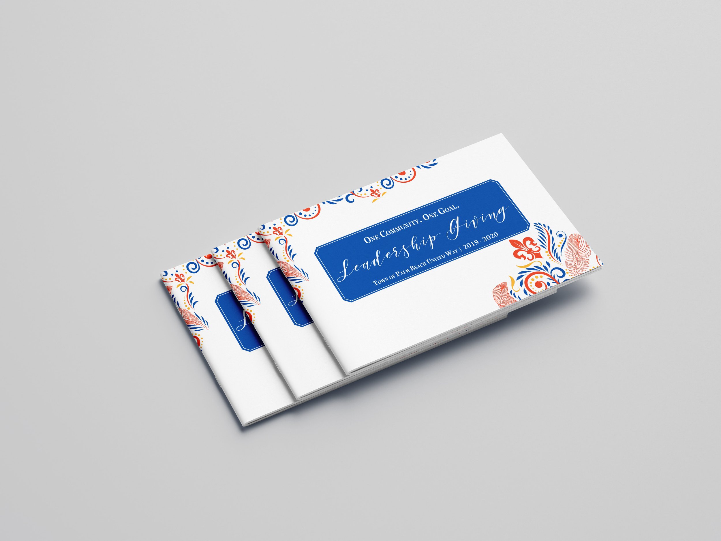 20 page landscape booklet for the Leadership Members of the Town of Palm Beach United Way. The finished piece has spot uv on the design on the covers and a spot varnish design throughout the inside pages elevating the design to pure luxury.