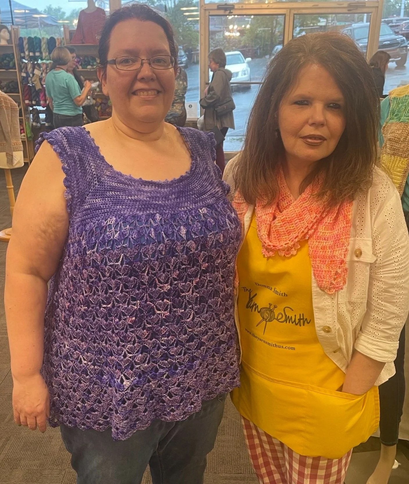 Donna is wearing her "Superstar" Colorway with a YarnSmith Superstar "Angela Akins" who made this beauty using the "Ever After" Colorway.