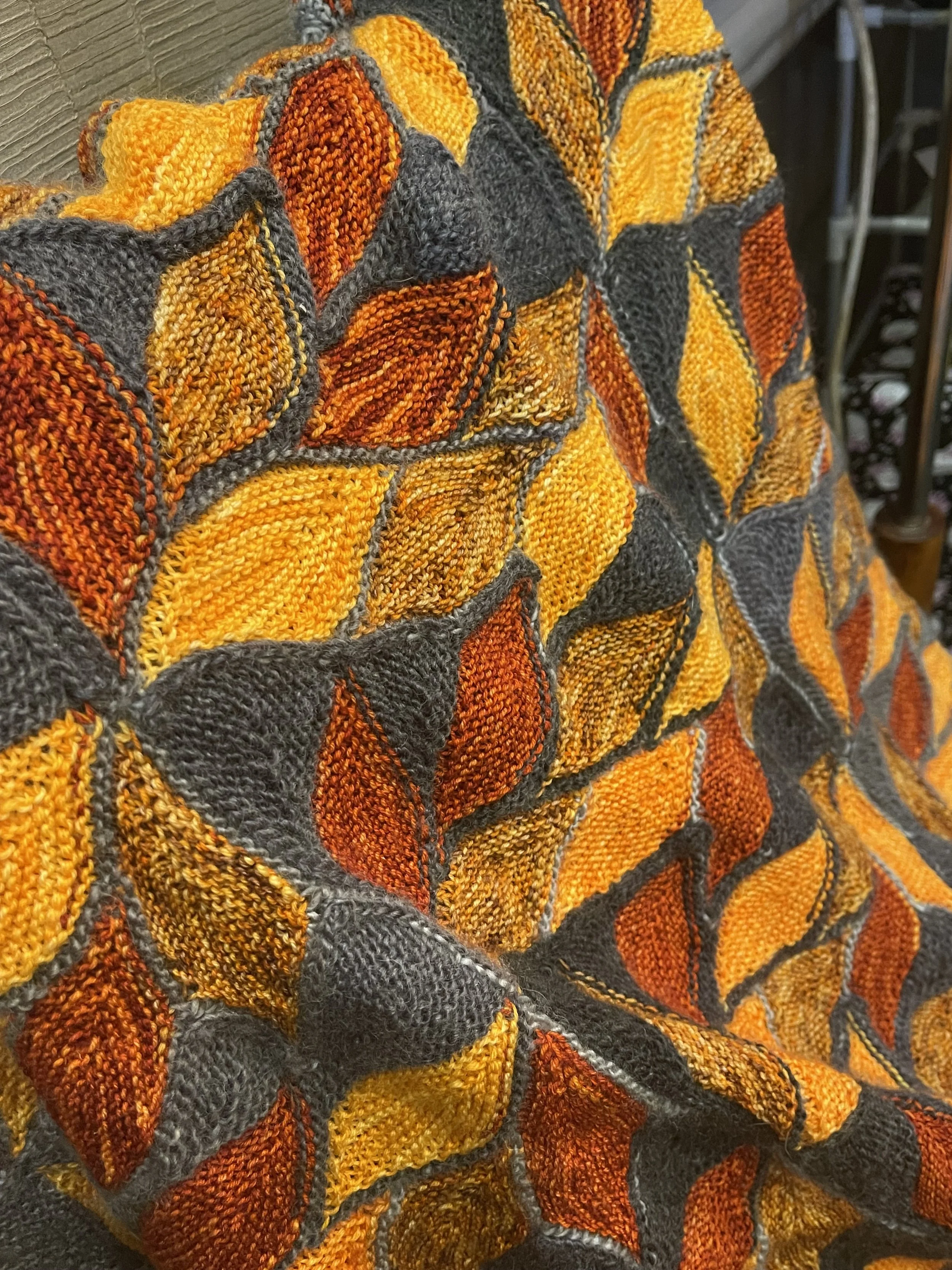 Heike is making this beautiful Afghan (work in progress) featuring our colorways: Somerset, Dandelion, Blazing Sunset and Marty.