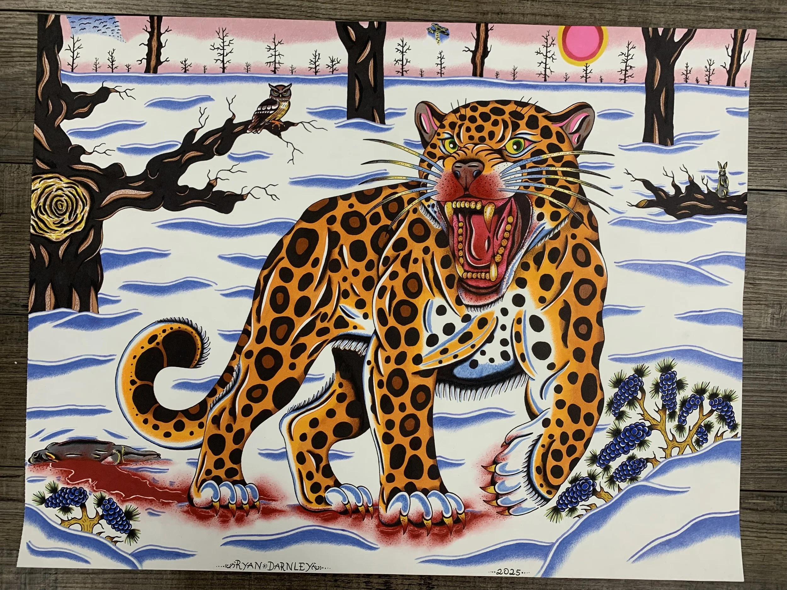 Colorful painting of a fierce jaguar in a snowy landscape, with trees, an owl on a branch, and a rabbit in the background. Pine trees and a rocky ground are also visible.