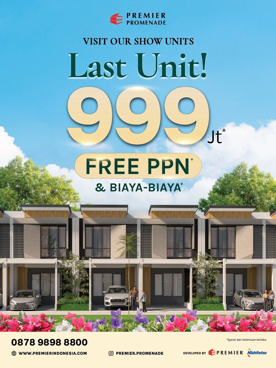 🚨 LAST CHANCE! 🚨
Miliki rumah 2 lantai tipe Edelweiss di @premier.promenade dengan harga spesial Rp 999 Juta-an 💫
 
Tipe Edelweiss hadir dengan desain modern tropis yang menghadirkan cahaya alami, sirkulasi udara optimal, dan tata ruang yang fungs