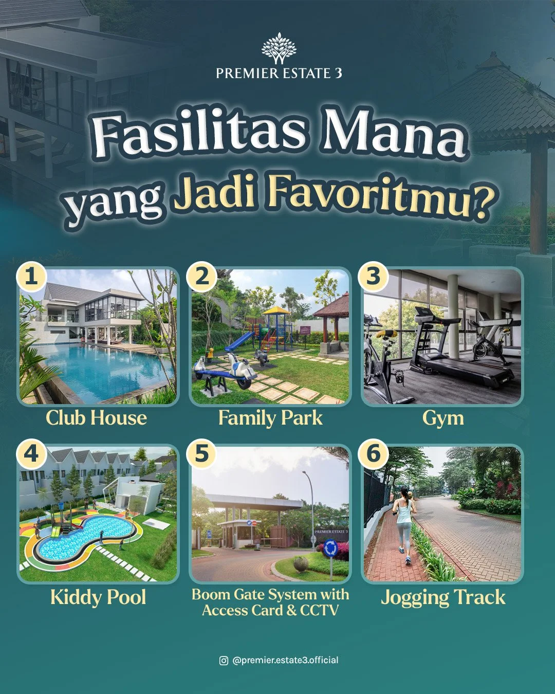 Beragam fasilitas premium untuk menunjang gaya hidup Anda di @premier.estate3.official ✨

Mulai dari Club House, Family Park, Gym, Kiddy Pool, sistem keamanan Boom Gate dengan Access Card &amp; CCTV, hingga Jogging Track yang asri. Semuanya dirancang