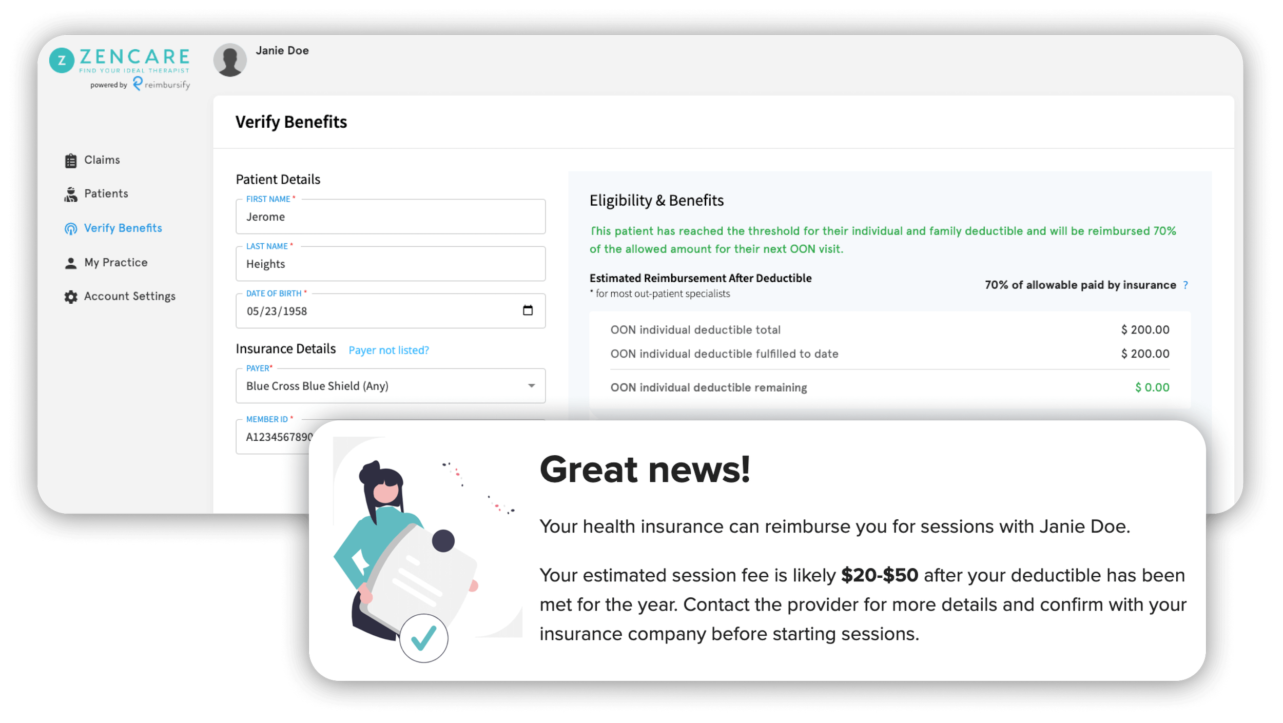 zencare private pay booster verification of benefits portal