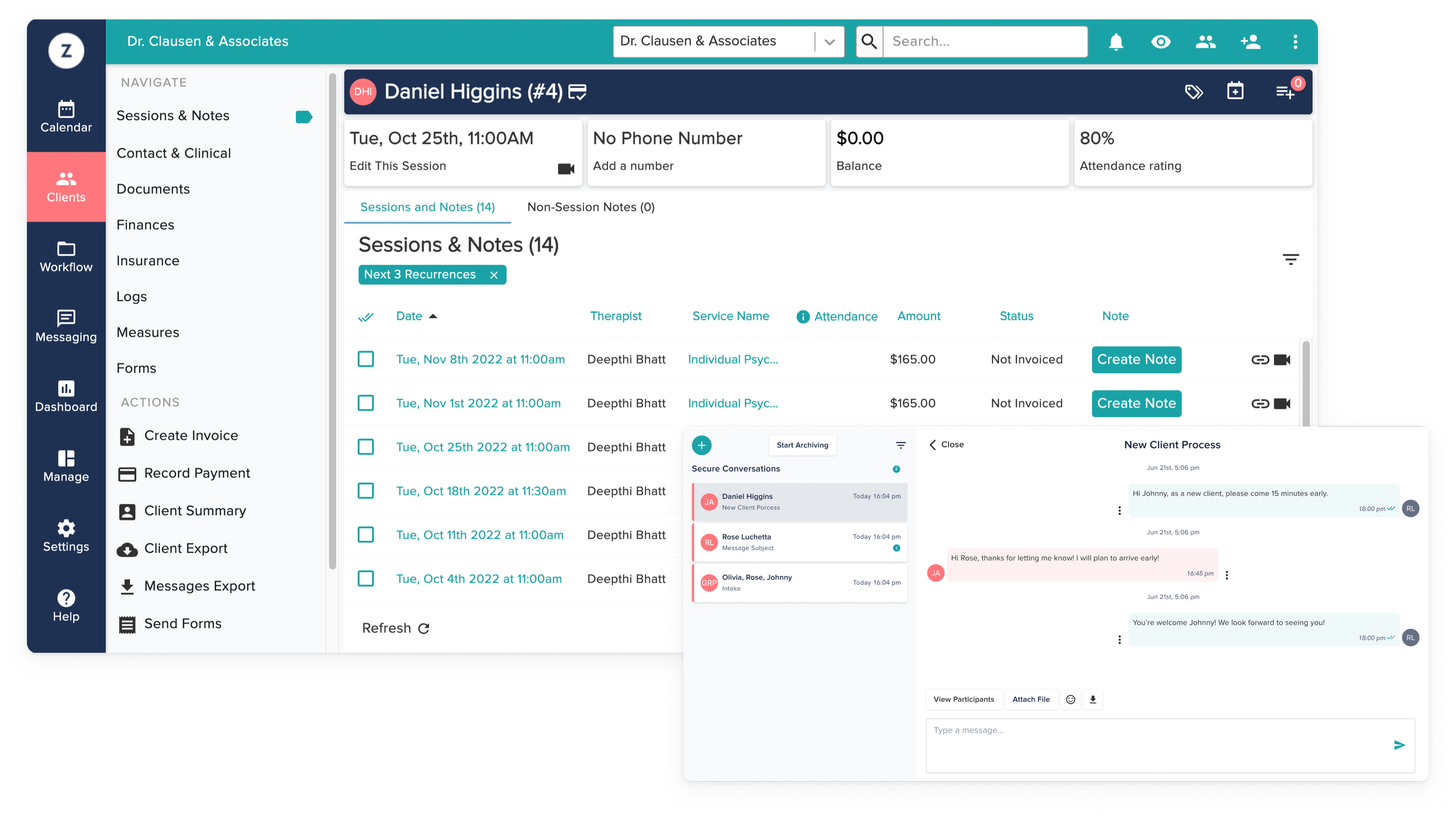 zencare practice management EHR session and notes page