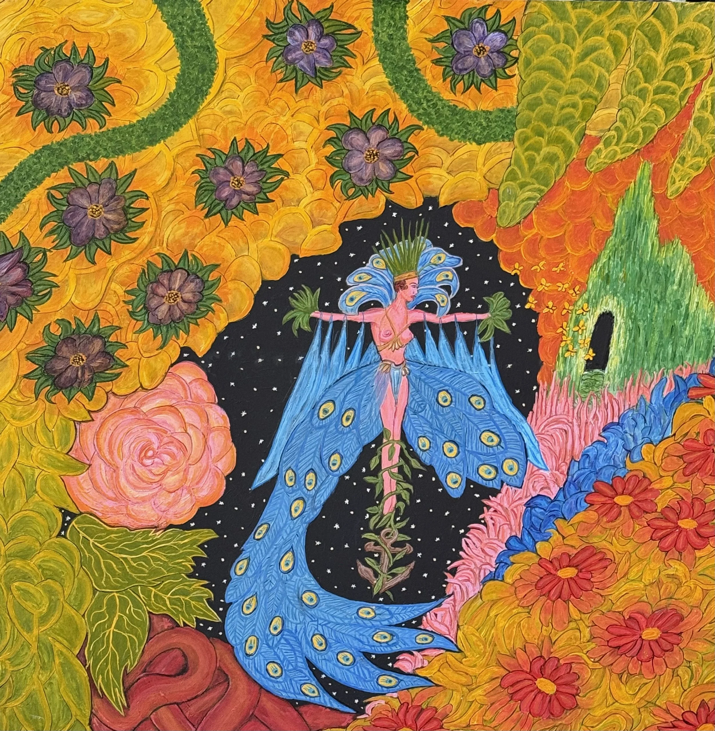 Titania's Healing Power, acrylic and oil stick on fiber board, 24 x 24 inches 2026