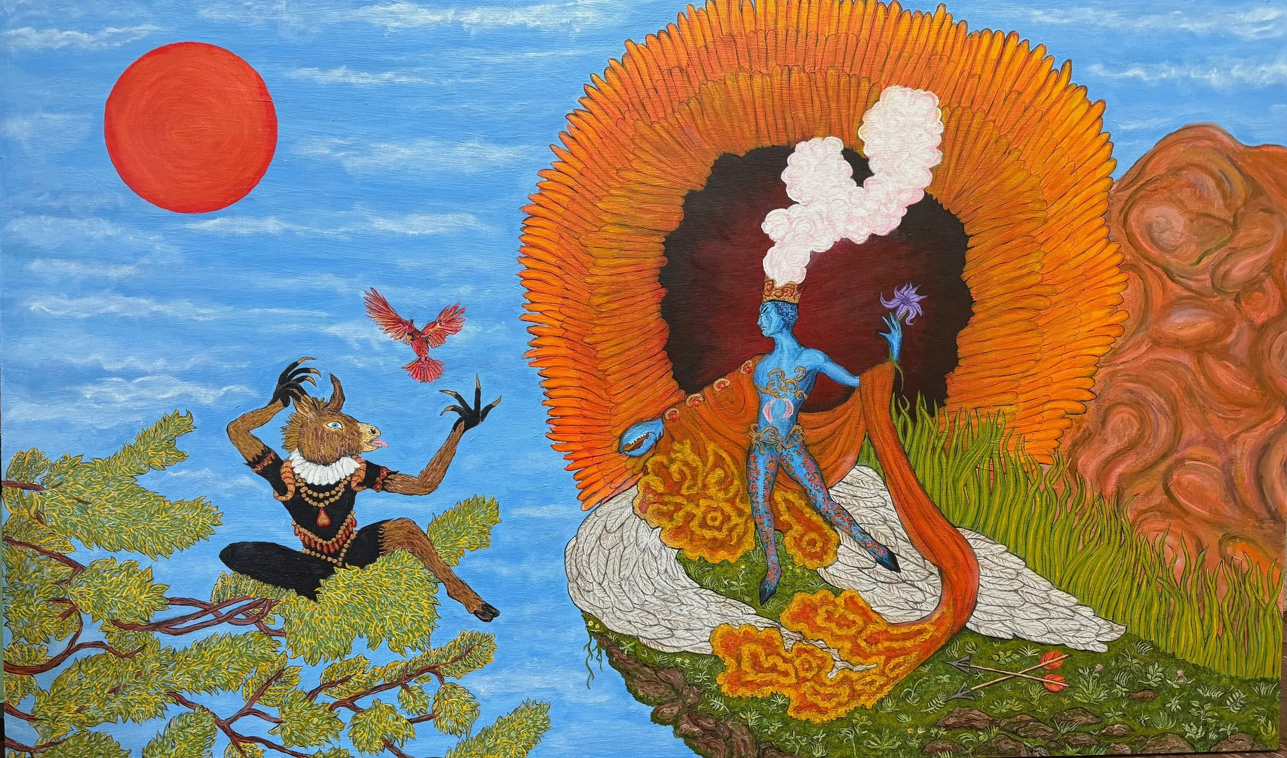 "Oberon's Influence" acrylic and oil stick on birch board, 38 x 60 inches, 2026