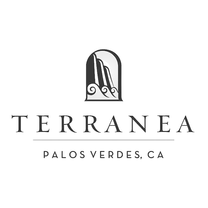 Logo of Terranea resort featuring a stylized window with three rolls of paper or scrolls inside, above the text 'TERRANEA' and 'PALOS VERDES, CA'.