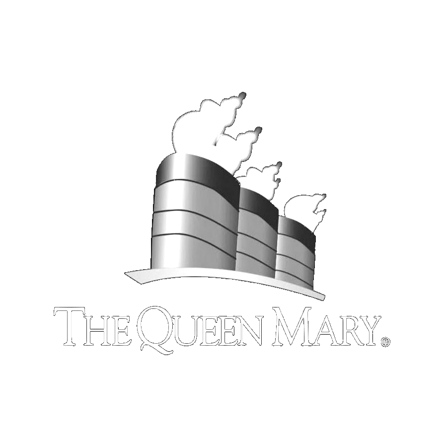 Black and white logo of a nuclear power plant with four cooling towers emitting steam, and the text "The Queen Mary" underneath.