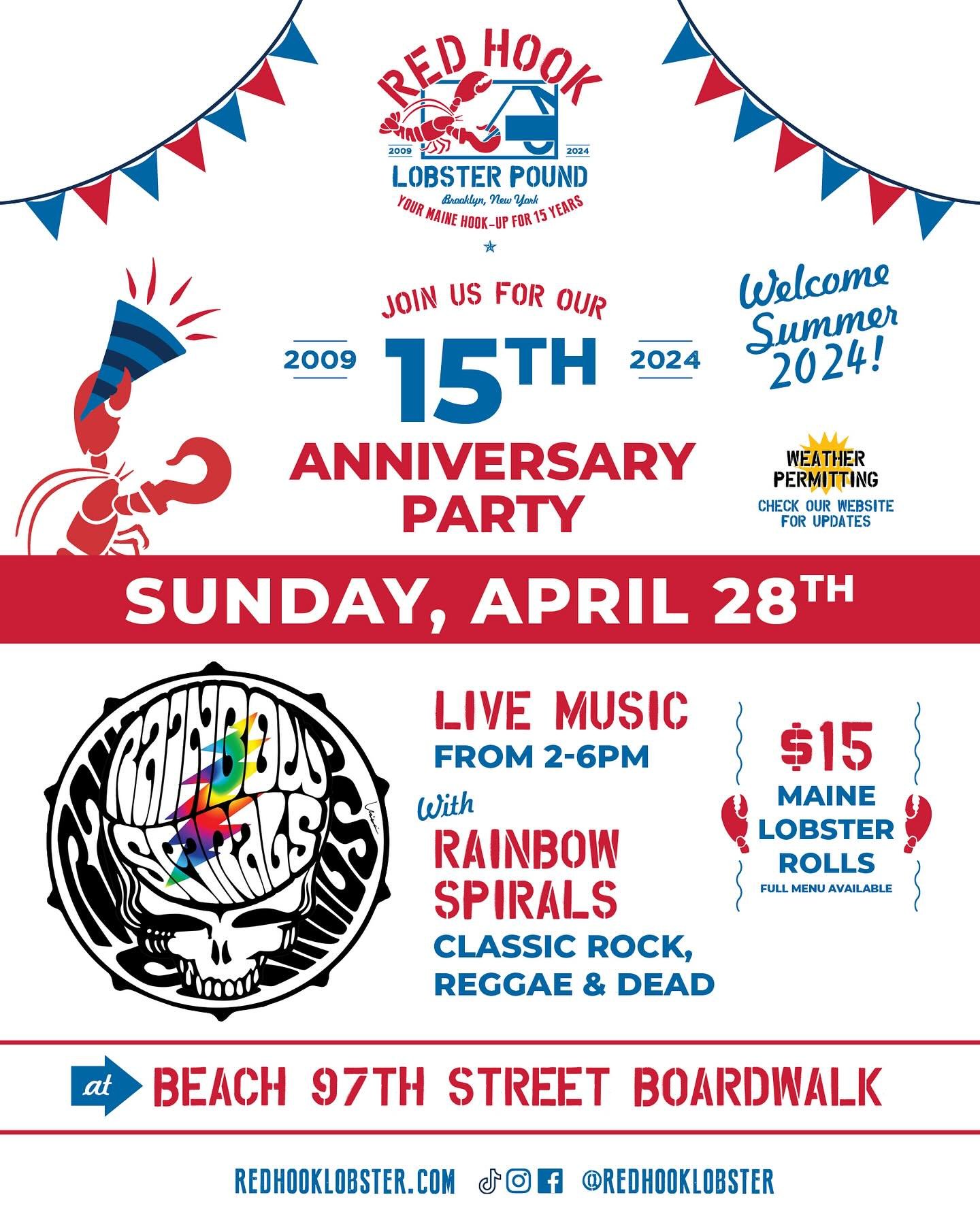 In honor of their 15th year anniversary 🎈Beach 97th is throwing a @redhooklobster bday party for all the seafood lovers out there. This SUNDAY, $15 🦞 rolls, @rainbow_spirals and other prizes. Congrats Susan and co! Weather is looking HOT! 🥵
