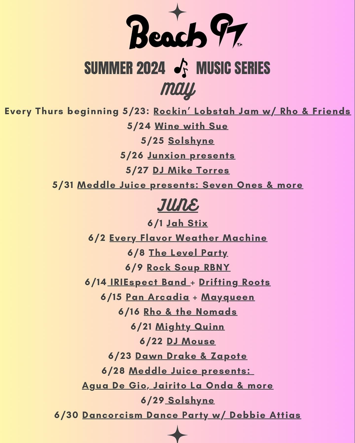 Presenting the live soundtrack this summer at Beach 97th. Find your jam and pull up.