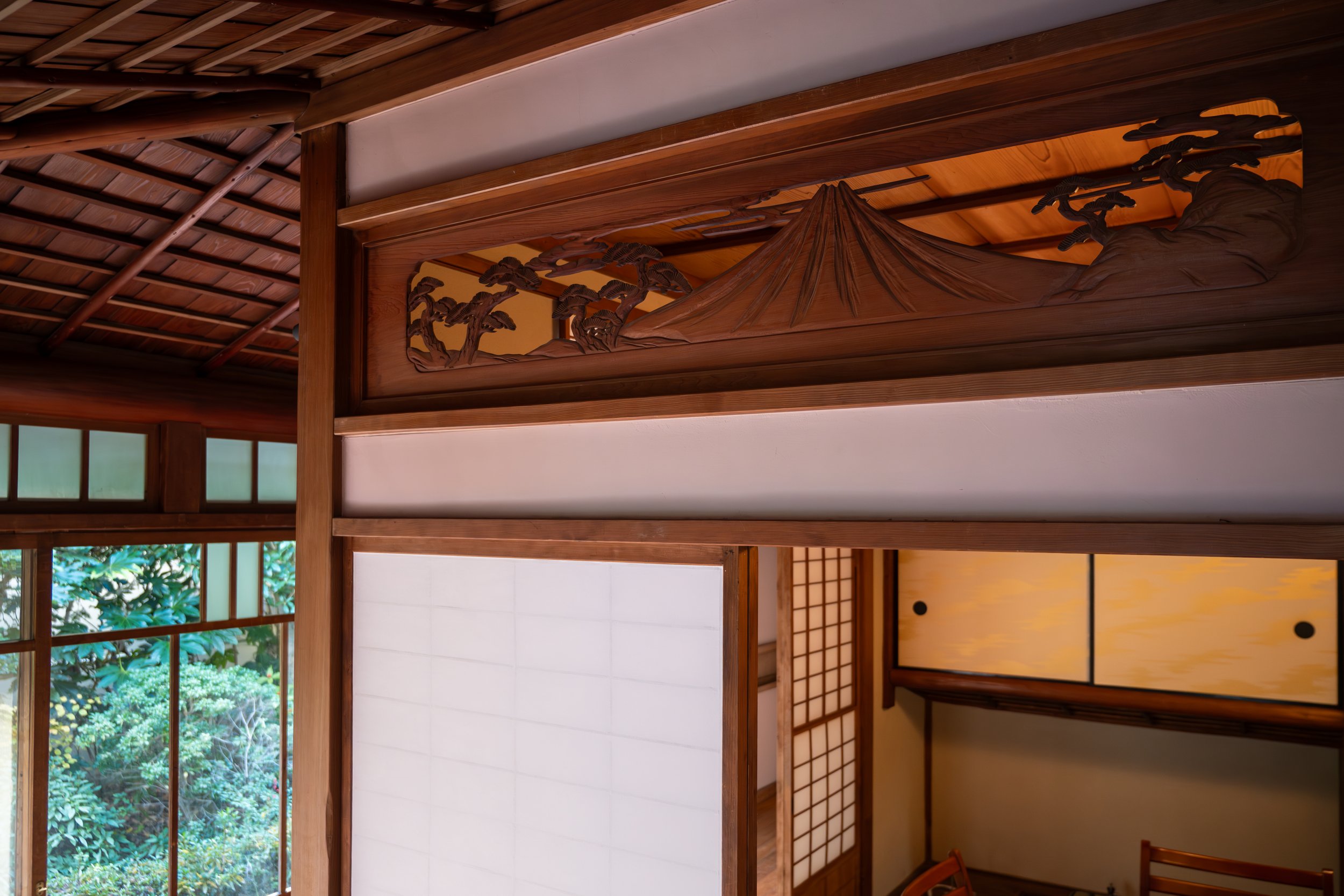 Traditional Japanese Decorative Woodwork of Mount Fuji in a renovated Kominka in Atami, Japan