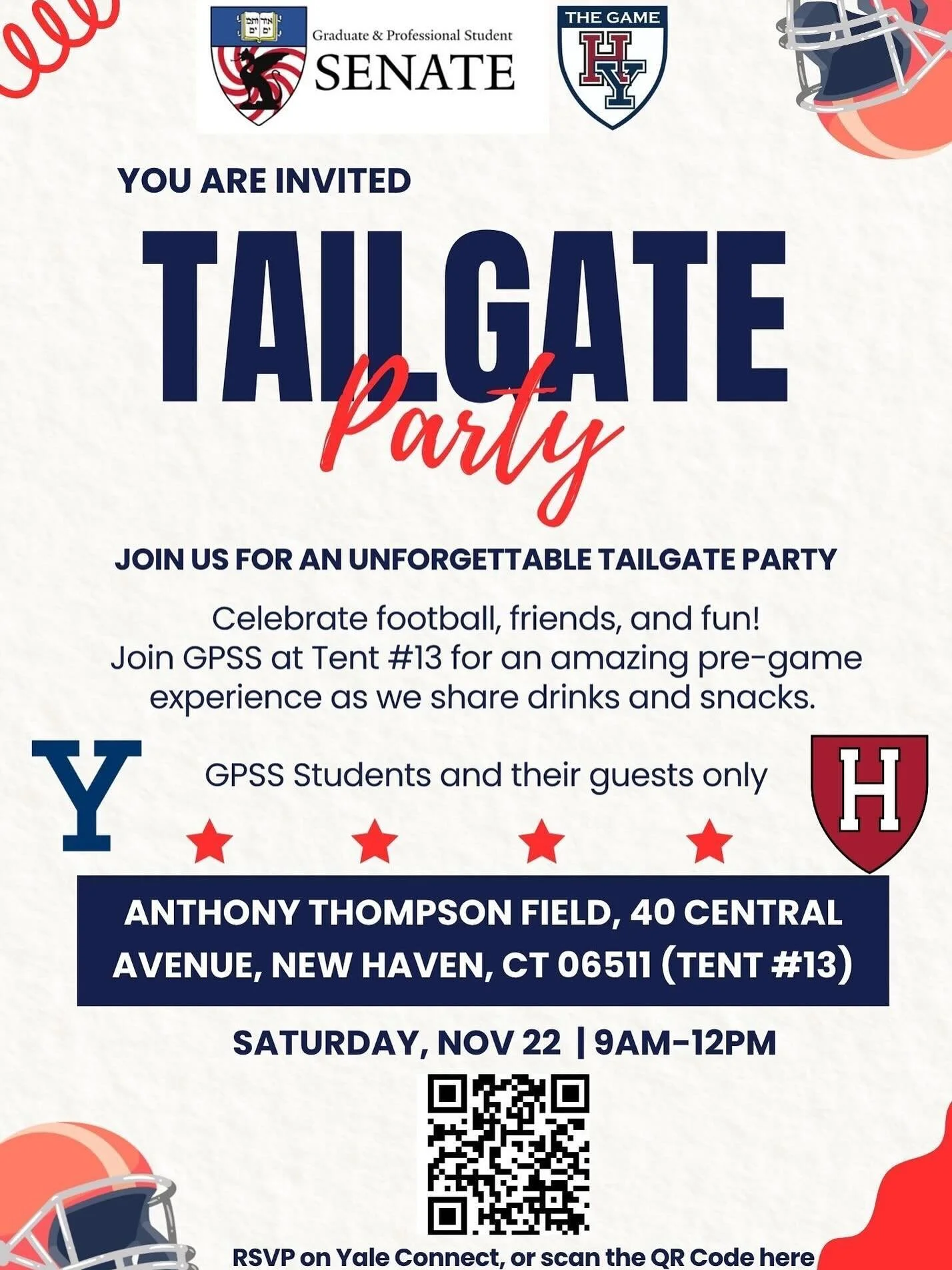 📣GPSS YALE HARVARD TAILGATE INFORMATION📣
Come hang out with Yale GPSS before Yale and Harvard face off for The Game&trade;️ There will be food, drinks, and a great time!! The tailgate starts a 9 AM, so make sure to bring your coffee + energy bright
