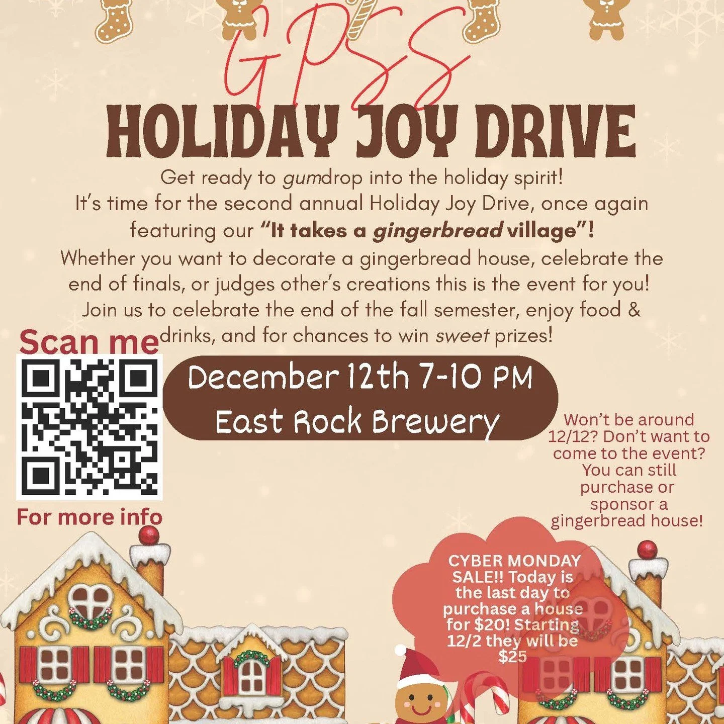 Happy Cyber Monday! As we head into the home stretch for this semester, we need your help for the second annual Holiday Joy Drive! 

On December 12th at East Rock Brewery (7-10 pm) GPSS will be hosting a &ldquo;Holiday Joy Drive&rdquo; where you can 