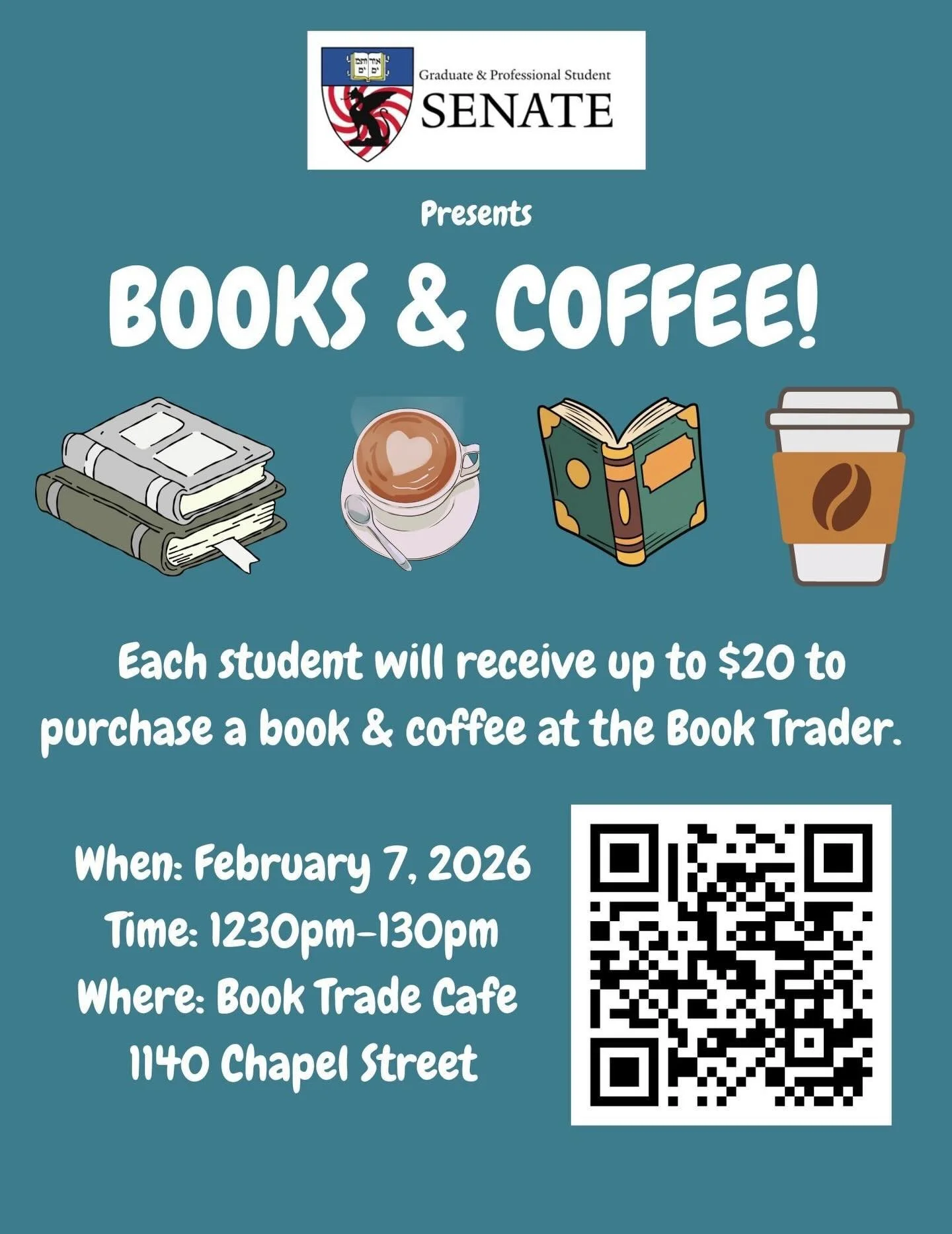 Join us for an afternoon of Books and Coffee at the Book Trader Cafe this Saturday, February 7, 2026 from 1230-130pm, hosted by the GPSS Social Committee! Each student will receive up to $20 to purchase a book and coffee at the Book Trader. Please no