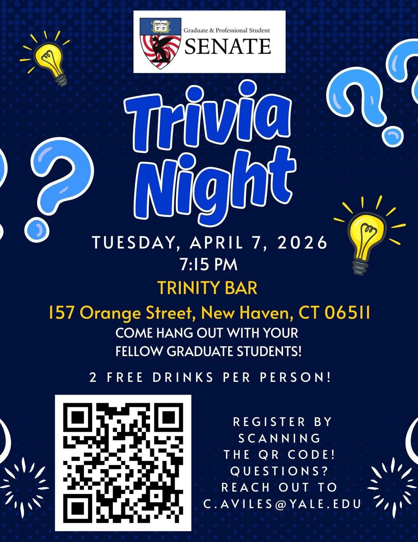Join us next Tuesday, April 7 for a Trivia Night at Trinity Bar! Come as a solo competitor, bring a group of fellow graduate students, join an existing GPSS trivia team, or just come hang out! Everyone will get 2 drink tickets! Up to 50 graduate stud