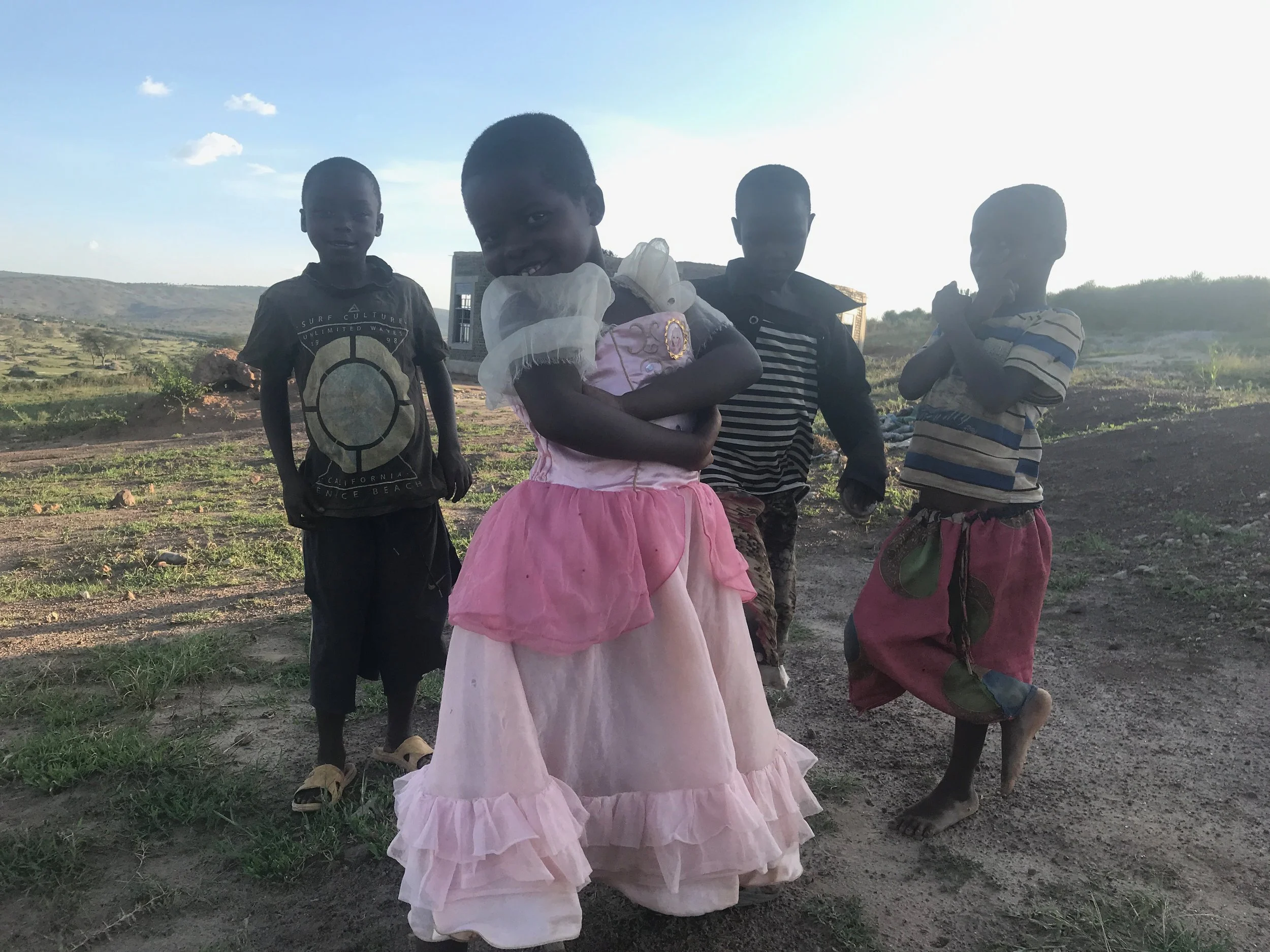 Vier Kinder stehen im Freien vor einer ländlichen Landschaft, eines trägt ein rosa Kleid, die anderen tragen T-Shirts und Hosen, es ist Sonnenuntergang oder blauer Himmel im Hintergrund.
