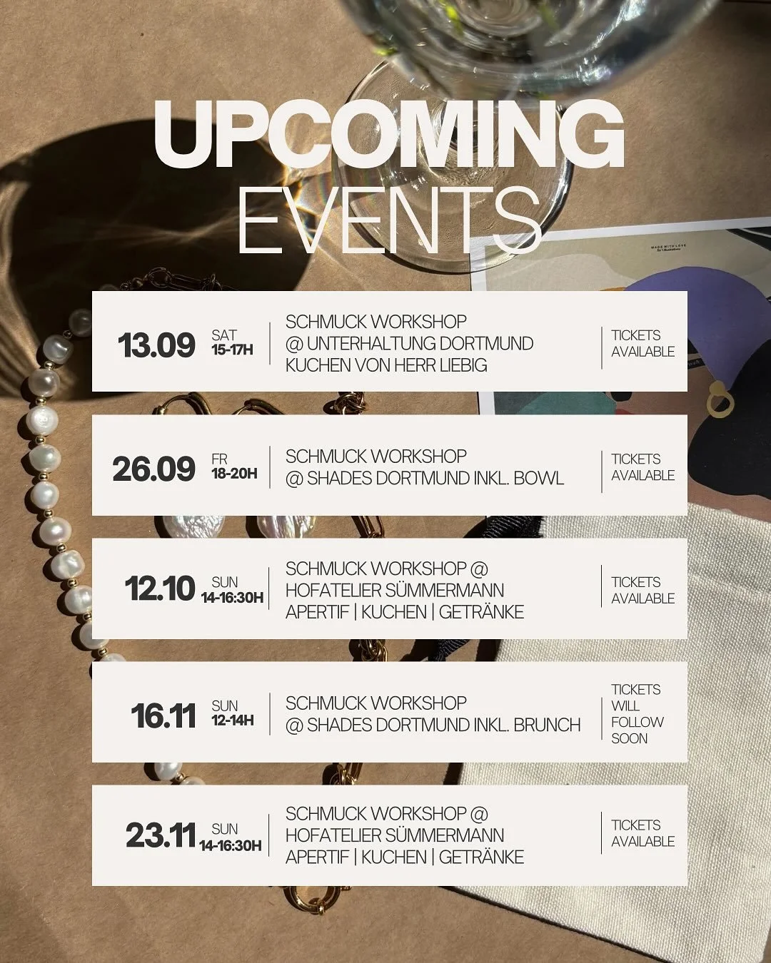 ✨ upcoming events Schmuck Workshop ✨

Wir freuen uns sehr, dass nun eine neue Location zu uns gefunden hat und bieten den Schmuck Workshop ab Oktober im Hofatelier auf Hof S&uuml;mmermann an. Eine Location, die sich wie Urlaub, weit weg vom Gro&szlig