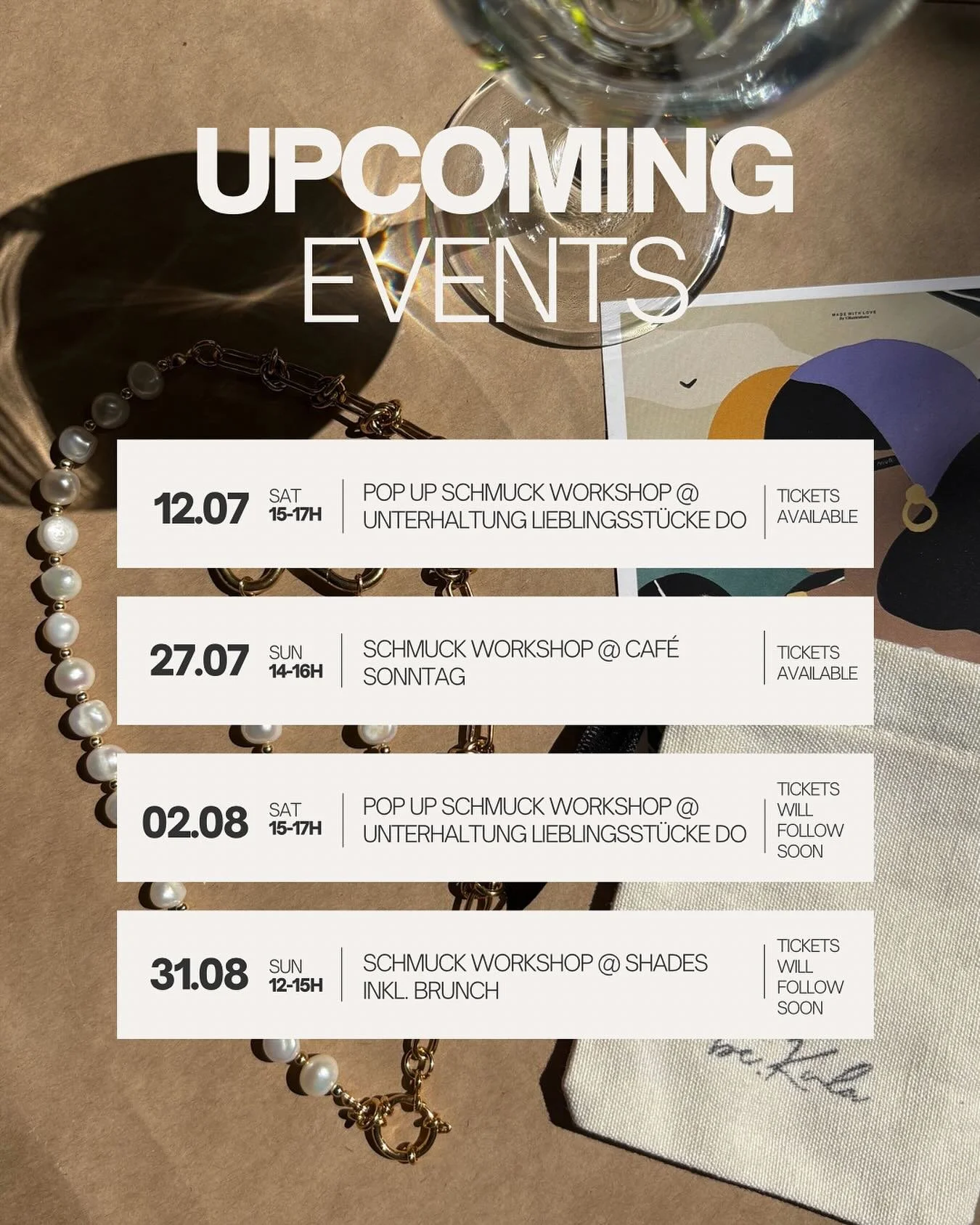 ✨ what&rsquo;s next ✨

Hier schon mal ein kleiner reminder, f&uuml;r die n&auml;chsten Workshops 💕

Bei welchem bist du mit dabei?

Weitere Infos und Tickets unter www.be-Kula.com/workshops

#workshop #schmuckworkshop #diy #diyworkshop #perlenworksh