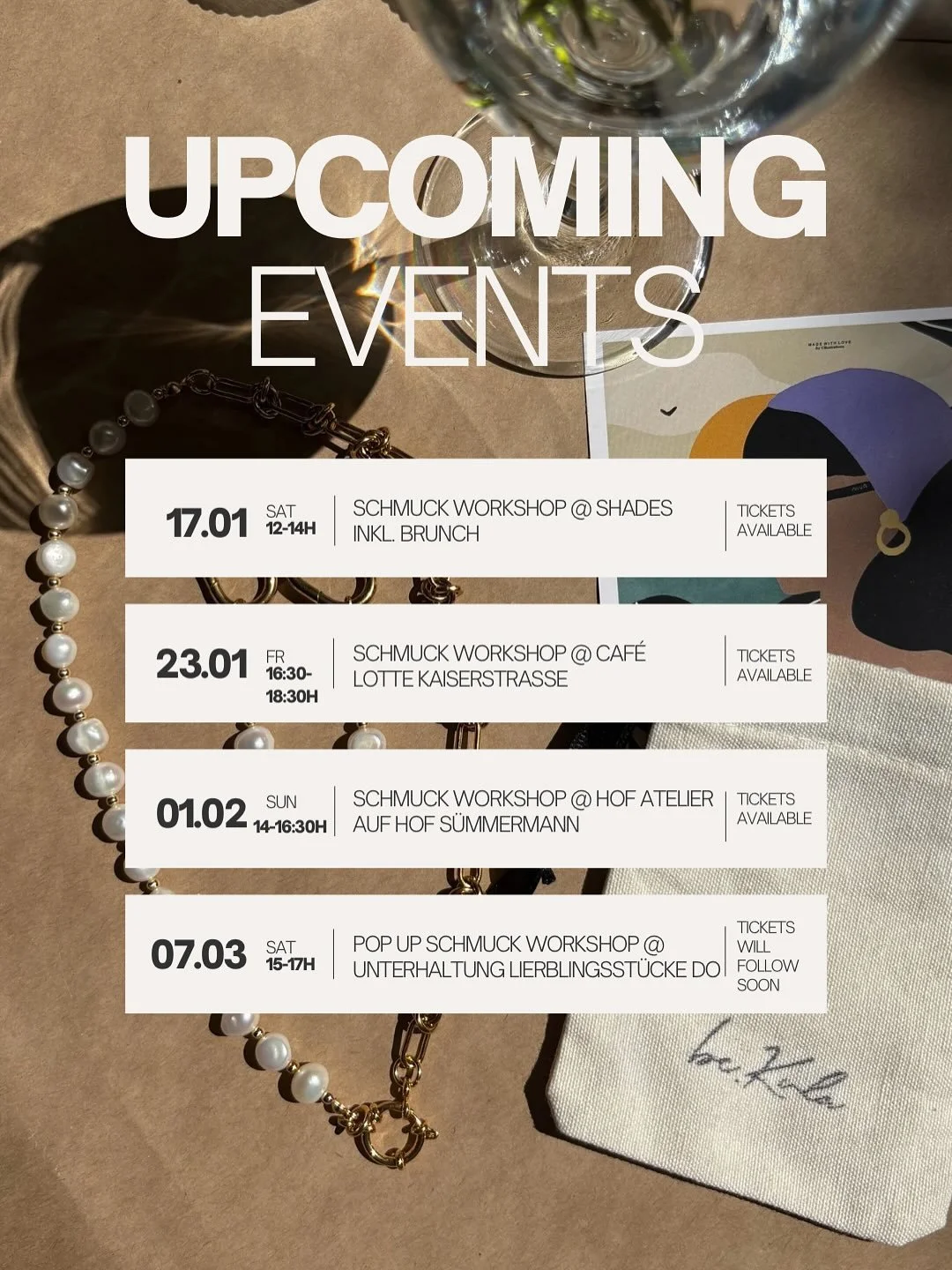 ✨ new workshop appointments are online ❤️&zwj;🔥

Hast du Lust, etwas Neues auszuprobieren? Dann starte doch kreativ ins neue Jahr und buche dir einen Platz bei einem Schmuck Workshop. 

Du hast die M&ouml;glichkeit bei einer Auswahl an &uuml;ber 100