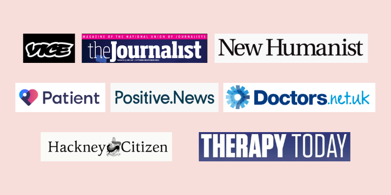 Logos for Patient, Vice, NUJ the journalist magazine, New Humanist, Doctors.net.uk, Therapy Today, Hackney Citizen and Positive News