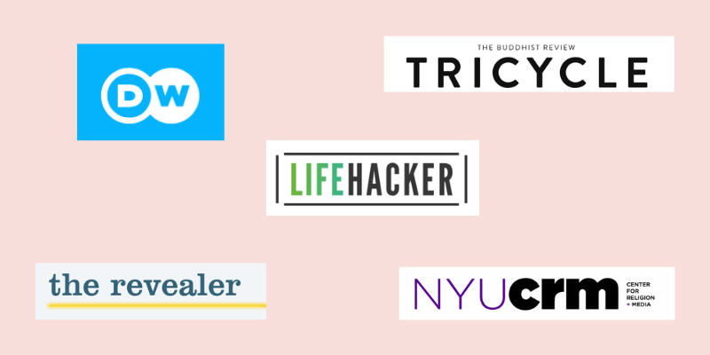 Logos for Deutsche Welle, Lifehacker, NYU/The Revealver, and Tricycle – US and international media