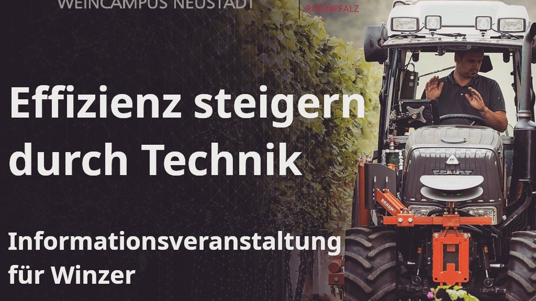 📢 Winzer aufgepasst! Effizienzsteigerung durch Technik 🍇🚜 

Informationsveranstaltung am 02.12.24 im Dienstleistungszentrum l&auml;ndlicher Raum Rheinpfalz, Neustadt 

Highlights:
&bull; Erfassung &amp; Bewertung von Au&szlig;enbetriebsarbeiten
&b