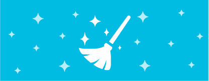 A blue box with white stars. In the middle, there is a white broom sweeping.