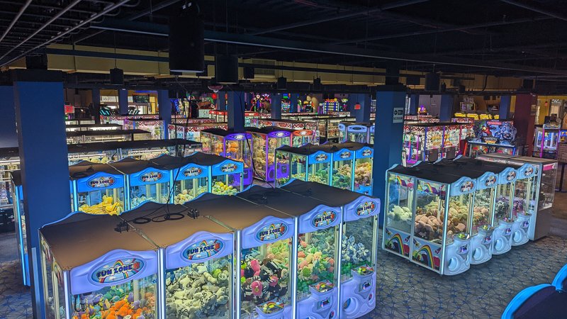  Round1 Arcade New Mega Crane over 150 machines plush toy figures room full of crane games 