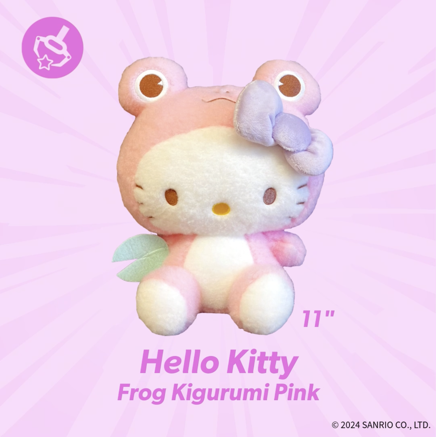 Round1 Arcade Crace Game Sanrio Hello Kitty Frog Kigurumi Pink plushie 11 " 
