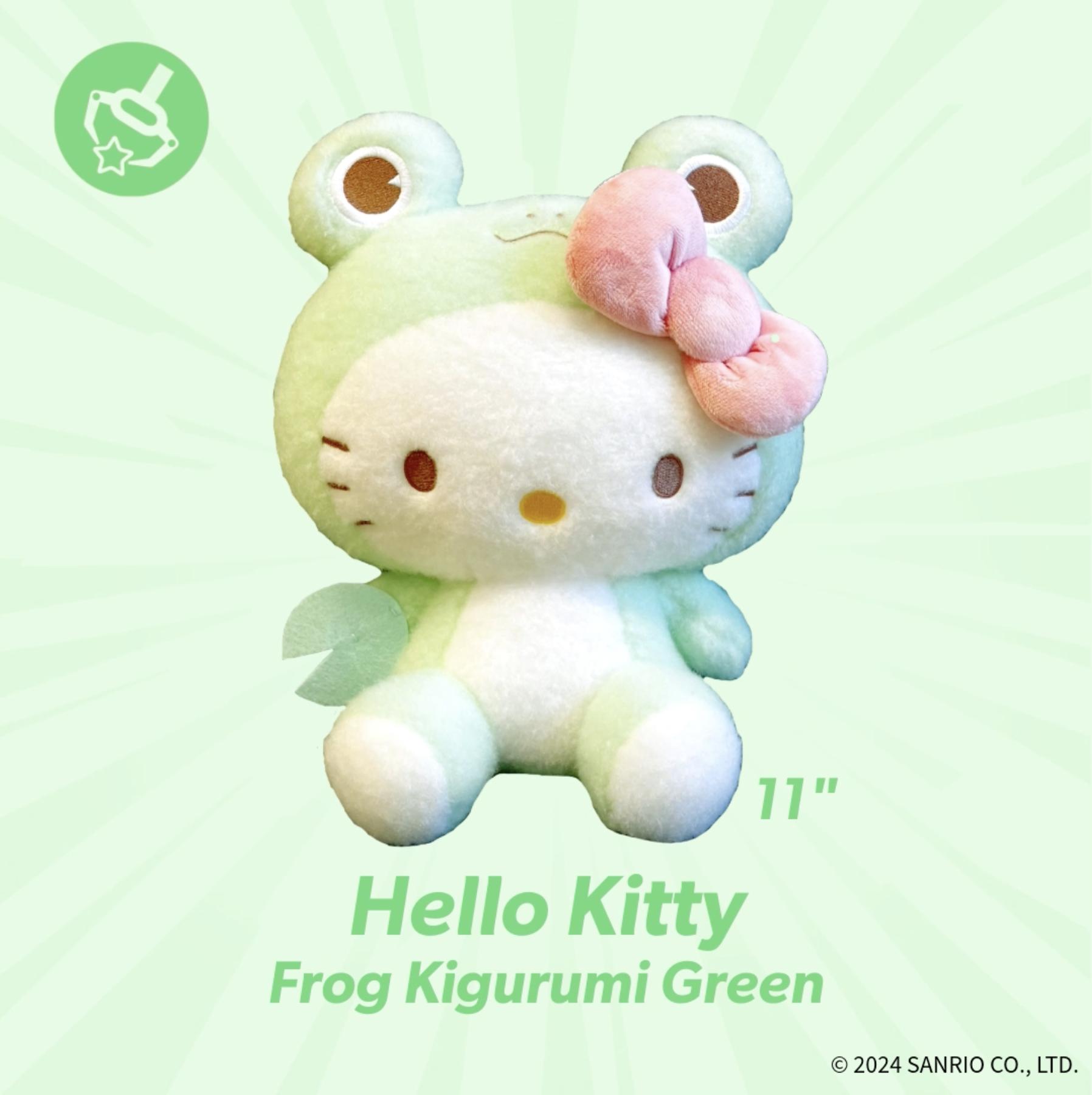 Round1 Arcade Crace Game Sanrio Hello Kitty Frog Kigurumi Green plushie 11 " 