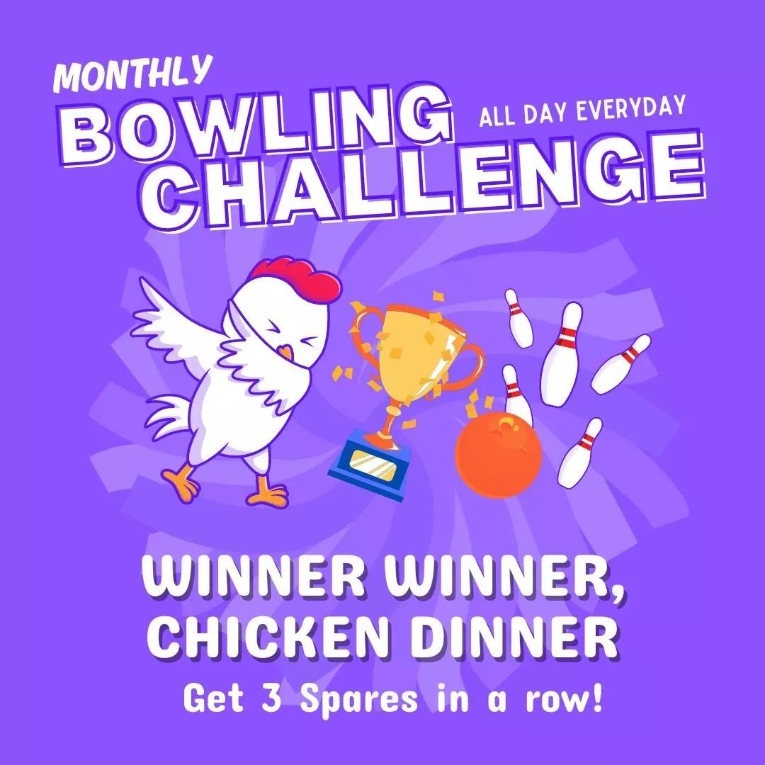 Roll into the winner's circle with our NEW monthly bowling challenges! Win big in our first challenge, 'Winner Winner, Chicken Dinner'&nbsp;🎳🎉&nbsp;- click the link in our bio for more details!&nbsp;🙌 

Can you guess next month's challenge? 🤔 - c