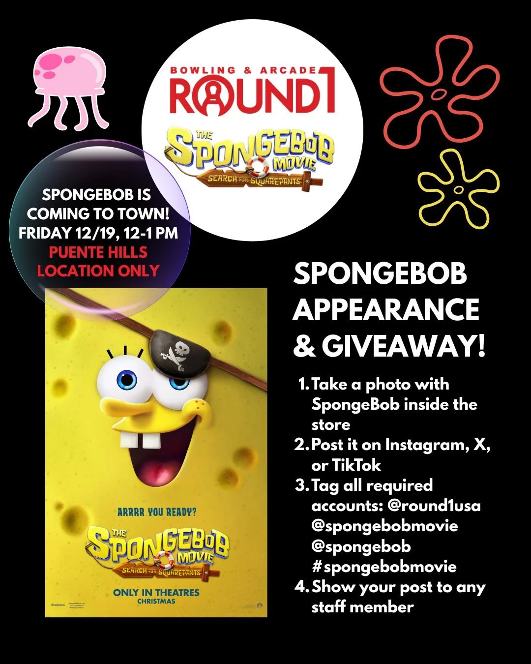 🎉 SpongeBob is coming to Round1 Bowling &amp; Arcade &ndash; Puente Hills! 🧽✨
To celebrate the upcoming release of The SpongeBob Movie: Search for SquarePants, in theatres 12/19, we&rsquo;re giving fans an exclusive chance to meet SpongeBob AND win